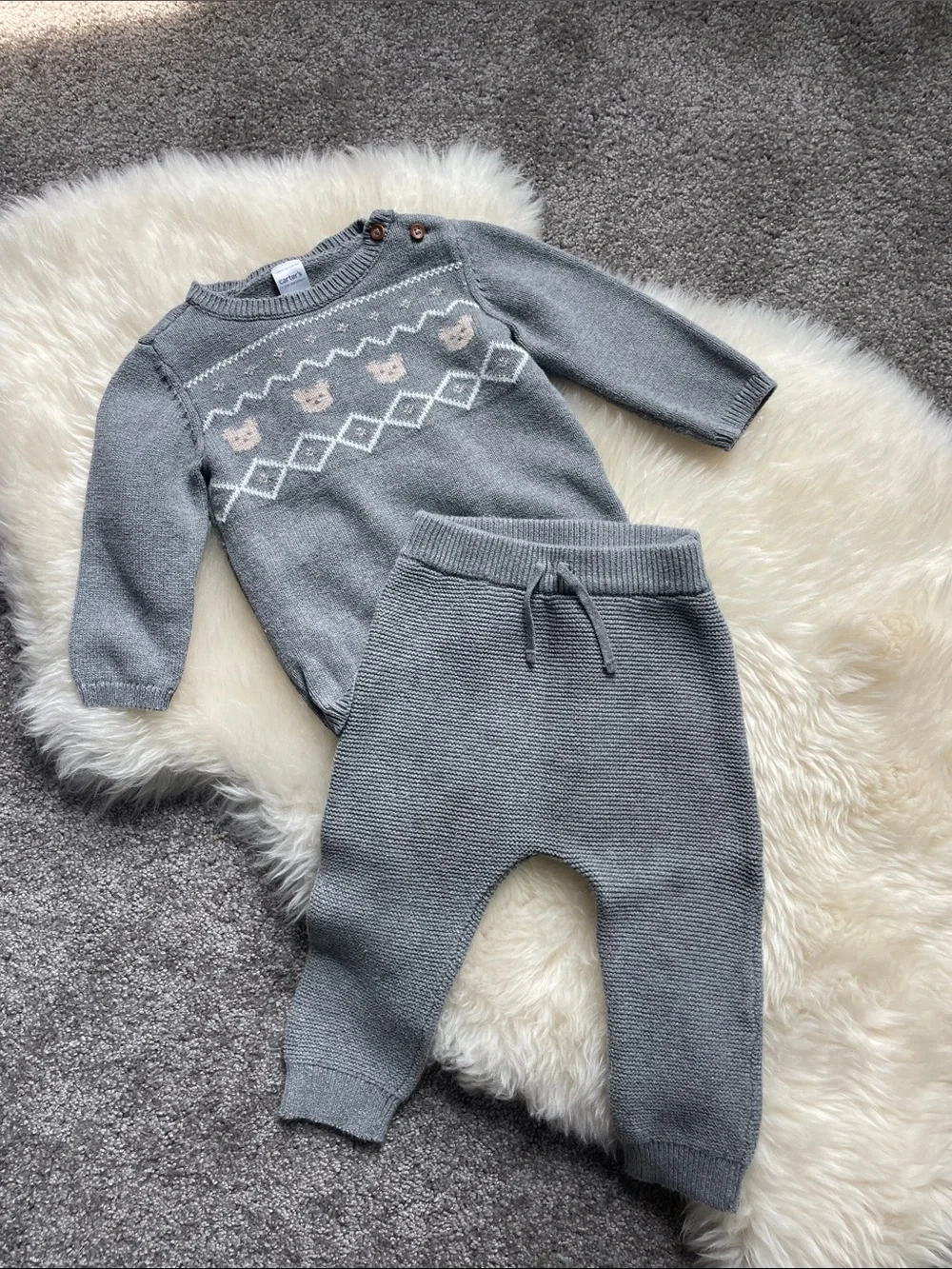 Carter's Grey Knit Sweatshirt & Jogger Set with Cream Pattern